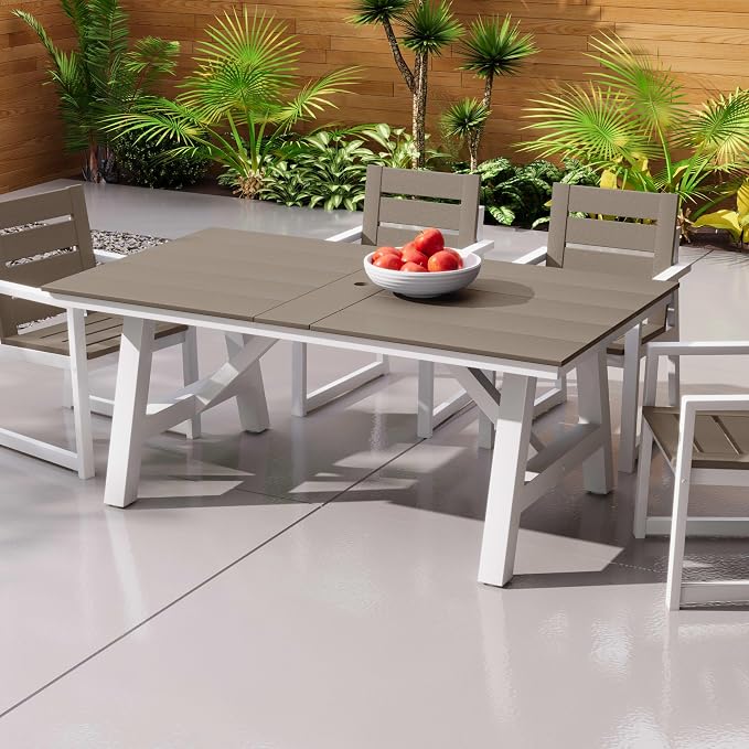Costaelm Outdoor Dining Tables for Patio, 72" Rectangle 6-Person HDPE Dining Table with Umbrella Hole and Metal Frame for Outside, Garden, Poolside, Backyard, Porch, Balcony, Weathered Wood