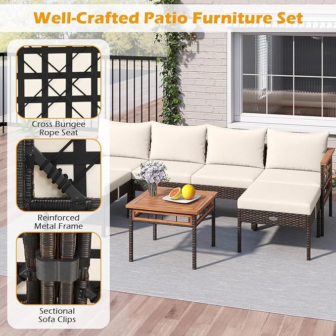 Tangkula 7 Pieces U Shaped Outdoor Wicker Furniture Set, Patio Cushioned Rattan Chairs with Ottomans & Side Table, for Backyard, Porch, Balcony