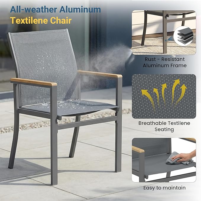 5-Pieces Aluminum Patio Table and Chairs Set, Outdoor Patio Furniture Set with Heavy Duty HDPS Rectangular Table, All-Weather Outdoor Dining Set with Breathable Quick-Drying Textilene Chairs
