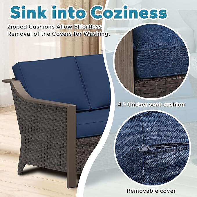 3 Pieces Outdoor Patio Conversation Furniture Set - 75" 3-Seat Sofa | 2 Swivel Glider Rocker Chairs | Wicker End Table, Rattan Couch, Metal armrests, Deck (Navy Blue)