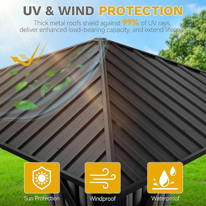 DWVO 10x10ft Hardtop Gazebo with Nettings and Curtains, Heavy Duty Galvanized Steel Outdoor Vertical Stripes Roof for Patio, Backyard, Deck, Lawns, Grey