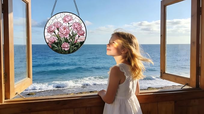 Stained Glass Window Hanging - Blooming Pink Peonies 6.3 Inches Suncatcher for Garden Home Decor for Women Mom Grandma Friends