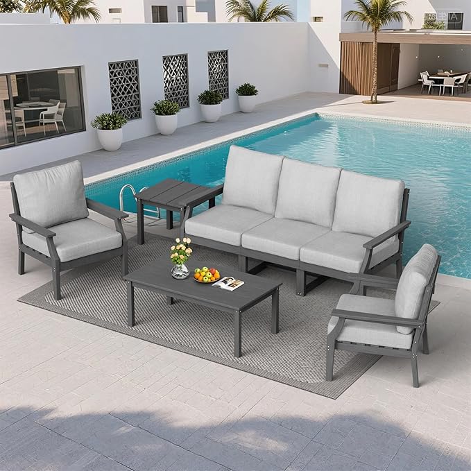 HDPE Patio Conversation Set, 7-Piece All Weather Outdoor Furniture Set with 2 Single Armchairs for Deck, Lawn, with Cushion, Gray