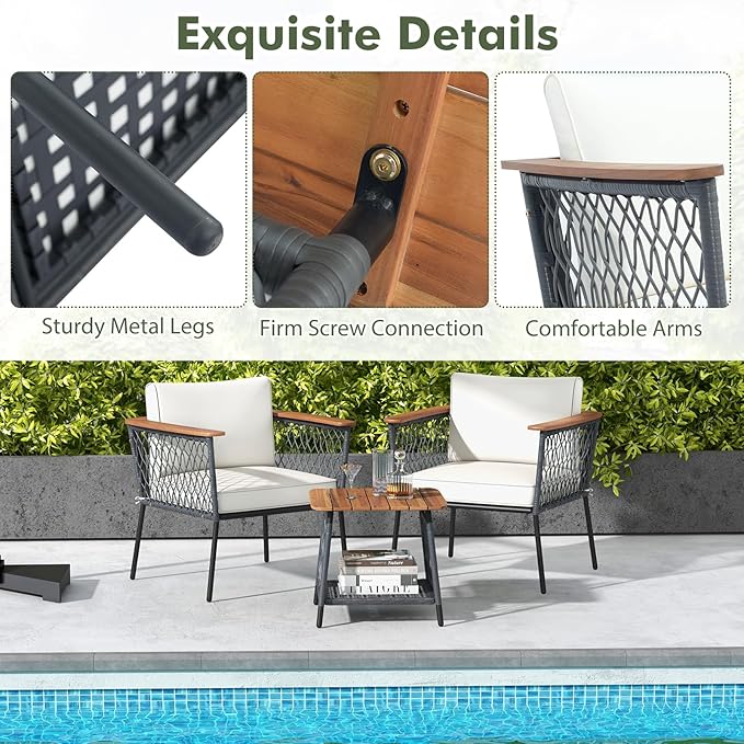 Tangkula 3 Piece Patio Furniture Set, Rattan Chair Set w/ 2-Tier Coffee Table, Acacia Wood Armrests & Tabletop, Soft Seat & Back Cushions, Outdoor Wicker Conversation Set (Off White+Grey)
