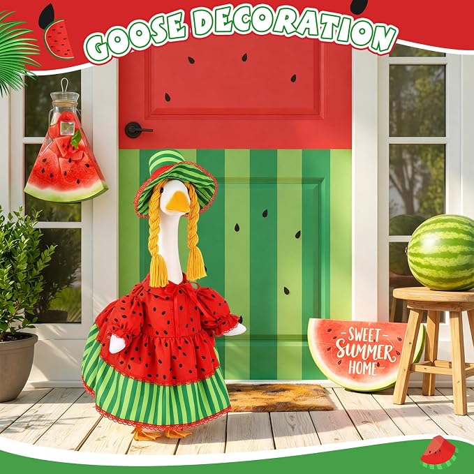 Summer Watermelon Porch Goose Outfit for 23'' Cement Statue Watermelon Costume Clothes Dress Plastic Goose for Outdoor Front Garden Yard Patio Lawn Decor