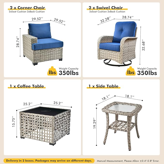6 Pcs Outdoor Sectional Patio Furniture Set with Swivel Rocking Chair - All Weather Wicker Outside Sectional Couch,Patio Seating Outdoor Conversation Sets for Deck Yard,Navy Blue
