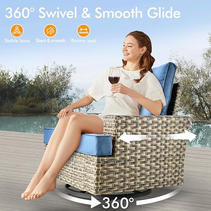 10 Pcs Outdoor Sectional Patio Furniture Set with Fire Pit Table and Swivel Rocking Chairs - All Weather Wicker Modular Outside Sectional Couch,Patio Seating Outdoor Conversation Sets,Blue