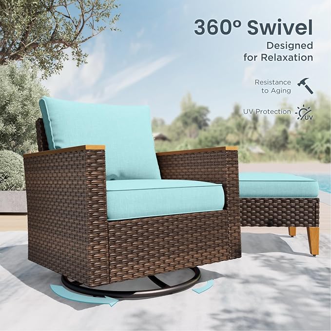 PHI VILLA Wicker Patio Furniture Set with Swivel Chairs, 9 Pieces Half Moon Outdoor Conversations Set, Oversized Rattan Patio Sectional Sofa with Ottoman, Aqua Blue Cushion