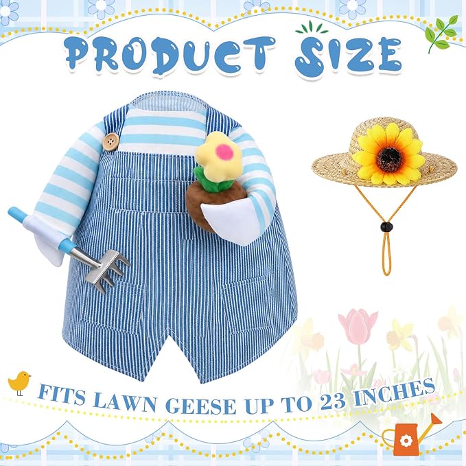 FuWeave Spring Summer Goose Outfit Overalls Gardener Porch Goose Clothes for 23" Large Statue Outdoor Patio Yard Lawn Art Decoration