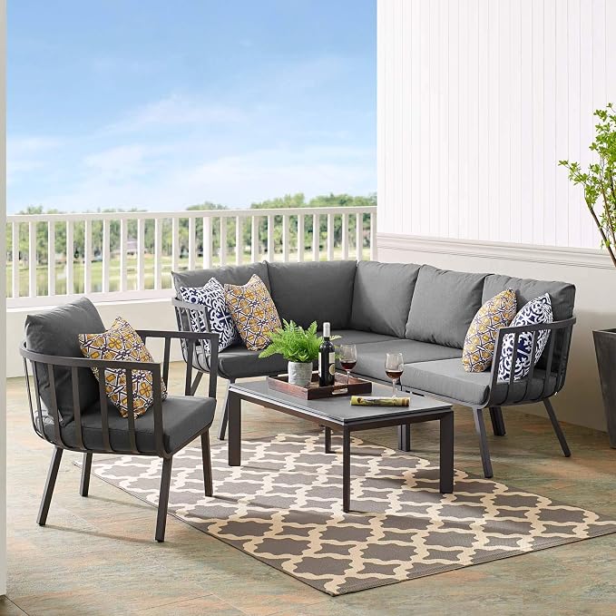 Modway Riverside 4 Piece Sectional Set with Armchair and Table, 61. 5" L x 114" w x 28" H, Gray Charcoal