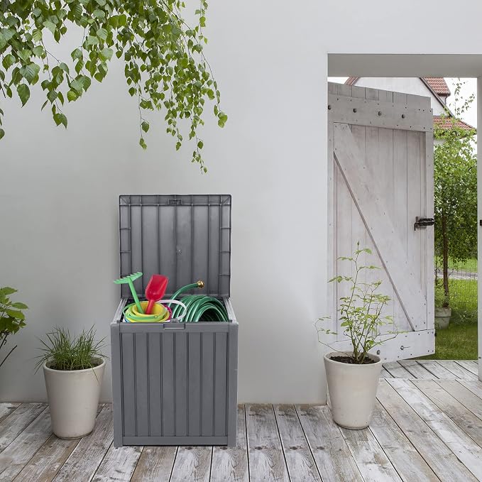 VINGLI 51 Gallon Outdoor Deck Box, Plastic Deck Box Design with Convenient Handles, Lockable Storage Box for Patio, Garden, Backyard and Balcony (Grey)
