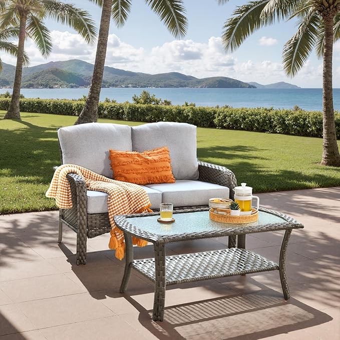 2-Piece Outdoor Patio Furniture Set with Coffee Table, Outdoor Conversation Wicker Sofa with Thickened Cushions, Rattan Couch for Deck Yard Poolside, Grey