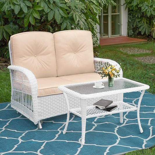 MEETWARM Outdoor Wicker Patio Glider Set, Loveseat for 2 Person Porch Furniture Glider with Glass-Top Coffee Table, Patio Glider Rocking Bench with Thickened Cushions, White Wicker/Beige