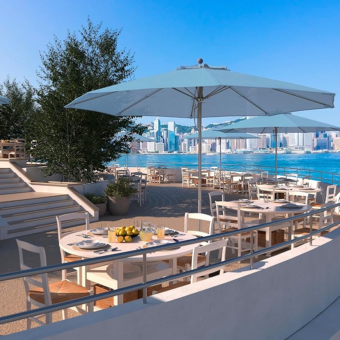 California Umbrella 11Ft Commercial Grade Sunbrella Fabric Market Umbrella, Pulley Lift, Aluminum/Fiberglass, 2mm pole wall, Silver Frame, Air Blue Fabric