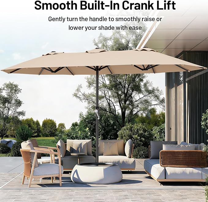 AreShark 15ft Patio Umbrella with Base, Double Sided Outdoor Umbrella with 12 Fiberglass Ribs, Large Outdoor Umbrella for Garden, Pool, Deck, Backyard & Market, Beige