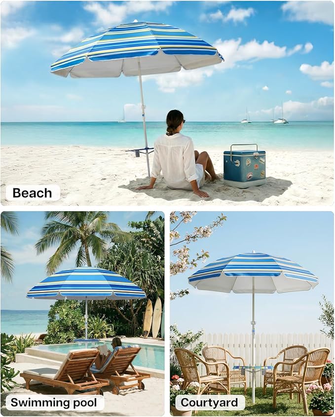 paramondo 7ft Beach Umbrella with Sand Anchor Air Vent Push Button Tilt and Crank, Portable Sunshade Outdoor Patio Umbrella with 8 Sturdy Ribs for Garden, Deck, Backyard, Pool and Beach