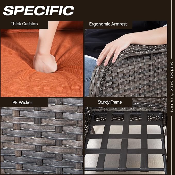 Wicker Patio Furniture Sets 7 Piece Set with One 3-Seat Sofa, 4 WIkcer Chairs, 2 Ottomans, Wicker Outdoor Furniture Set Patio Conversation Set, Orange