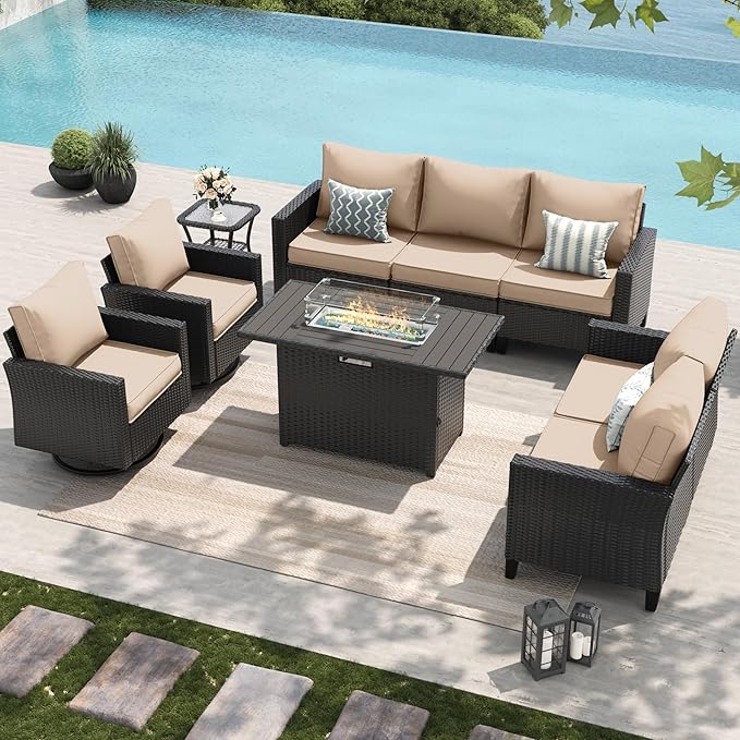 Amopatio Patio Furniture Set, 6-Piece Wicker Outdoor Sectional Sofa with Swivel Rocker Chairs, Rattan Conversation Set with Fire Pit Table and Waterproof Cover for Backyard Black/Khak