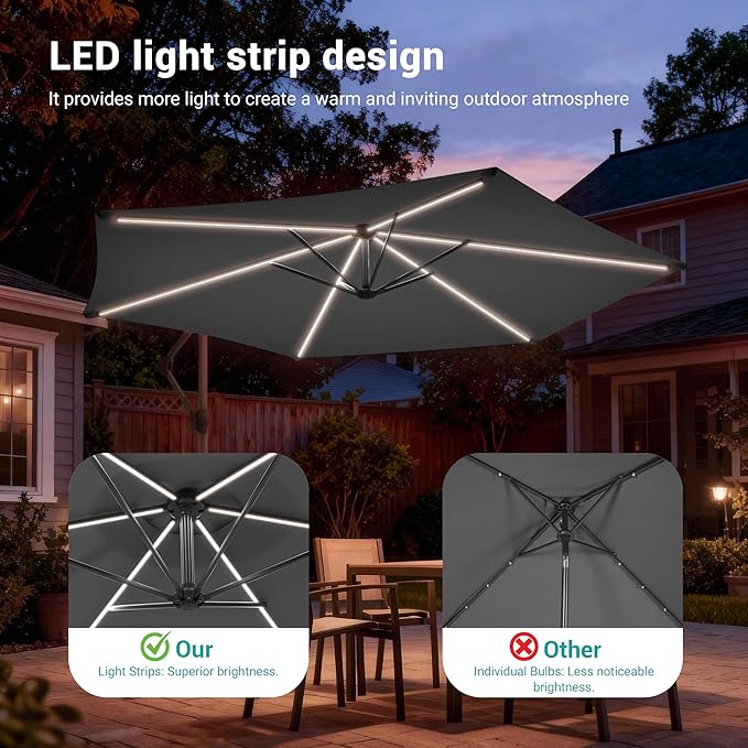 10ft Offset Patio Umbrella with Solar Light Strips,Outdoor Cantilever Hanging Umbrella with Cross Base, Fade Resistant Recycled Fabric, for Pool, Deck, Garden,Backyard,