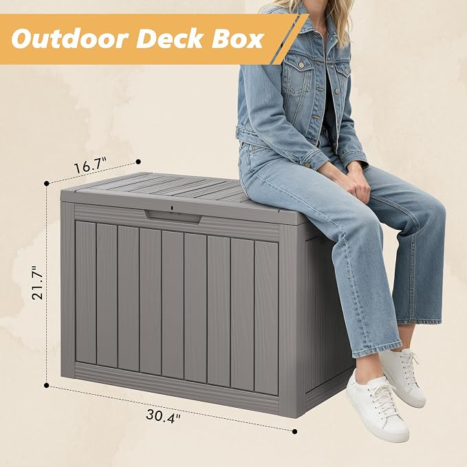 Fancyango 45 Gallon Outdoor Deck Box Waterproof, Storage Box for Patio, Resin Storage Bench Lockable for Garden Tools, Package Delivery, Grey
