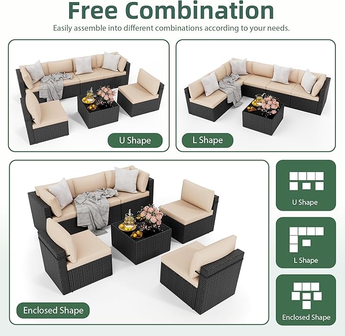 7-Piece Outdoor Sectional Sofa Set, Weather-Resistant Patio Furniture Set with Washable Cushions and Coffee Table, Black Rattan Patio Conversation Set for Poolside, Backyard, Deck (Beige)