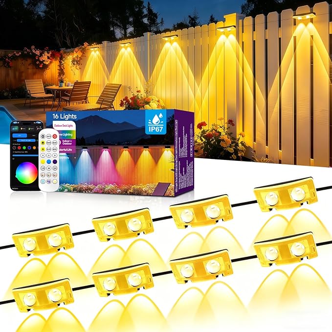 AHAWILL Fence Lights Outdoor 16 Packs,Smart RGB Fence Lighting with APP&Remote Control,IP67 Waterproof Fence Lights,DIY Scene Modes,LED Light for Fence,Patio,Yard,Garden(100ft)