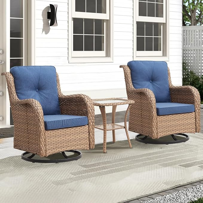 Outdoor Swivel Rocker Patio Chairs-Wicker Patio Swivel Chairs Set of 2 with Side Table PE Rattan Patio Furniture Set for Porch Deck Balcony Garden-Yellow/Blue