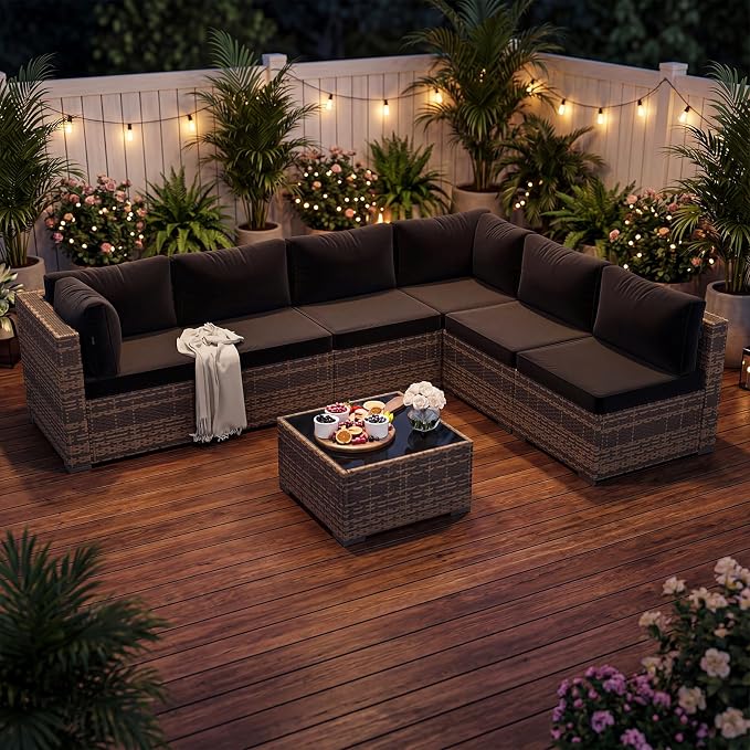 LazySunsets 7-Piece Patio Furniture Set, Wicker Rattan Outdoor Furniture with Thick Cushions, Patio Conversation Sets with Coffee Table, Outdoor Sectional Couch Sofa, Yellow Black