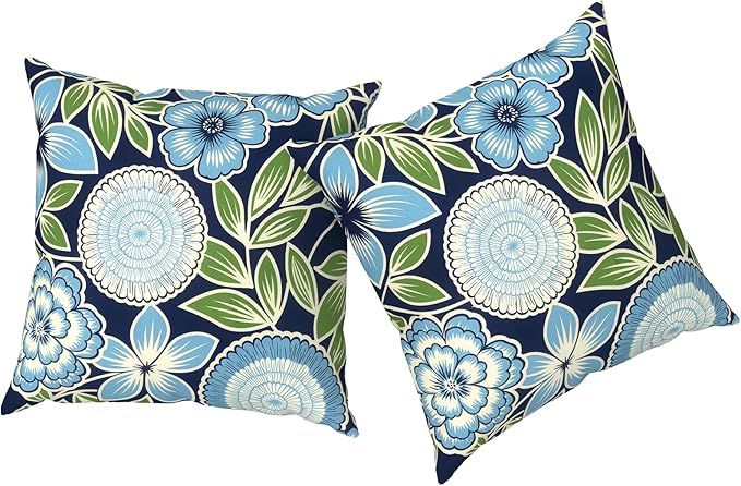 Outdoor Pillows with Insert 18x18 Inch, Waterproof Throw Pillow for Patio Furniture, Decorative Back Cushion for Garden Home Sofa Office Chair, Set of 2, Azure Botanical Symphony