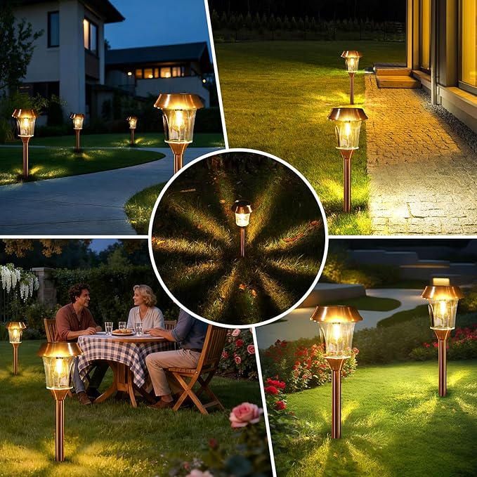 Solar Pathway Lights Outdoor 4 Pack, Stainless Steel & Glass Solar Garden Lights, Auto Dusk to Dawn IP65 Waterproof LED Path Lights for Yard, Lawn, Walkway, Driveway