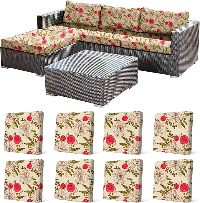 CALBODE 8Pcs Stretch Patio Cushion Cover, Floral Couch & Sofa Slipcovers for Patio Furniture Cushions Washable Reusable Couch Covers Replacement for All-Season (Rosy Pink Floral,Cover Only)