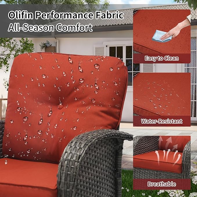 SHGJ&SOFT 3 Piece Patio Furniture Set, 2 Outdoor Swivel Rocking Chairs with Side Table, Wicker Glider Chairs, All-Weather Rattan Bistro Set for Porch, Deck, Pool (Red, Grey Full-Weave Rattan)