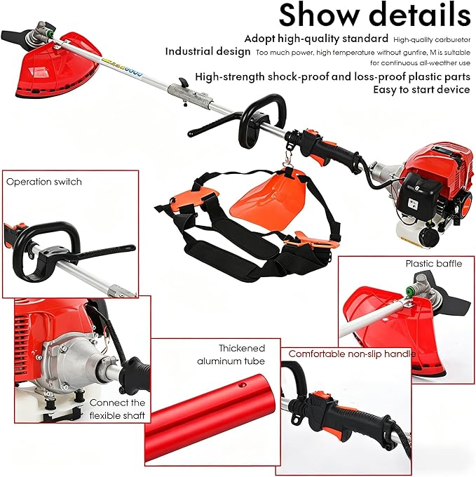 Worparsen String Trimmer, 2 Stroke 52CC Gas Powered,Lawn Mower for Weeds and Grass,5 in 1,Red Red