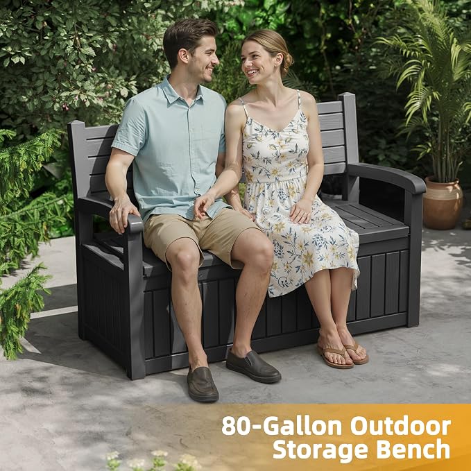 EasyUp 80 Gallon Outdoor Storage Bench Lockable Deck Box Outdoor Storage Box Waterproof for Patio,Garden,and Porch – Perfect for Storing Garden Tools and Cushions(Black Srtipe)