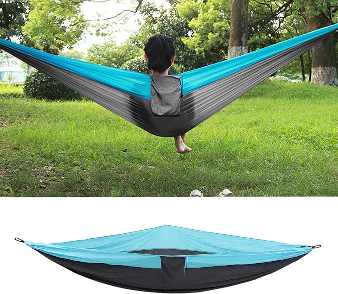 Double Hammock 210T Nylon Camping Swing, Outdoor Indoor Hanging Bed for 2 Person, Lightweight Portable Hammock with Carabiner Steel Buckle for Camping Hiking Backyard (Sky Blue and Dark Grey)