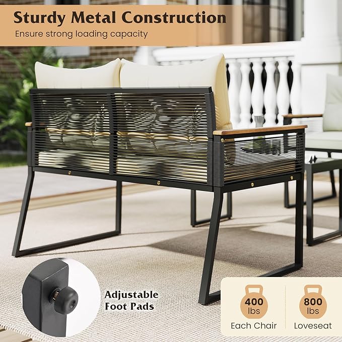 Tangkula 8 Pieces Patio Wicker Furniture Set, Heavy Duty Outdoor Cushioned Conversation Set with Tempered Glass Coffee Table, for Garden, Yard and Poolside (Off White,4)