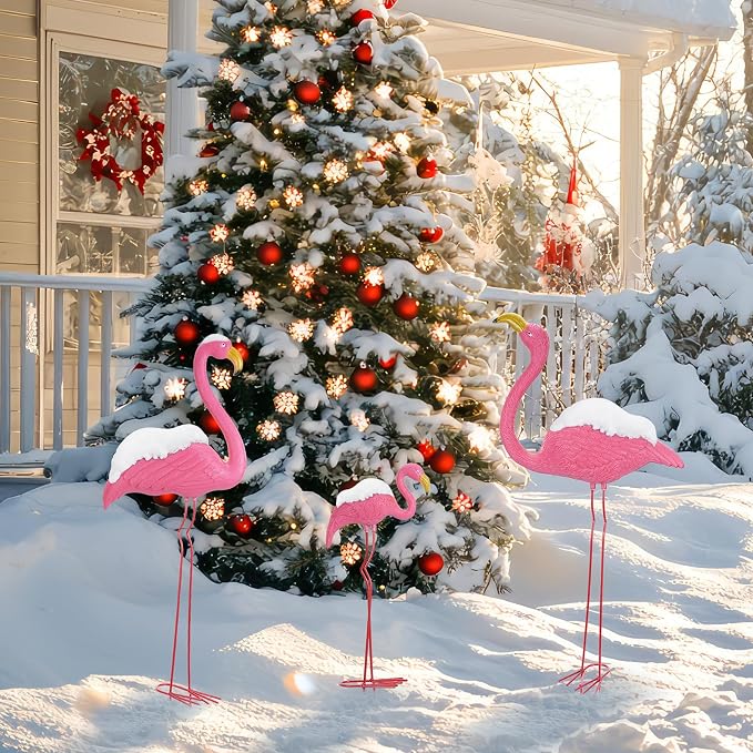 Ohuhu Family Flamingo Yard Ornaments, Set of 3 (32", 31", 19"), Pink | Metal Feet Stakes Bright Pink Flamingos Family, Garden Yard Patio Decoration, Great Party Decor Outdoor Gift
