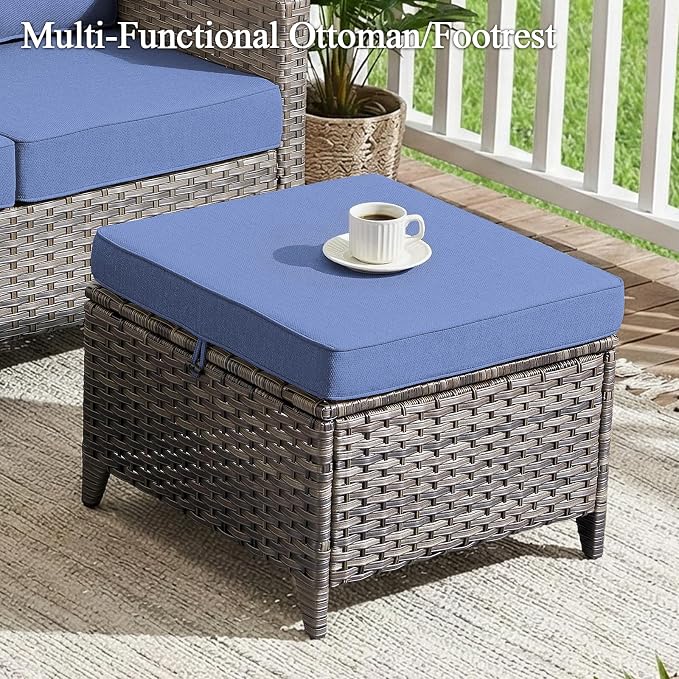 Luxury Patio Furniture Sofa Set - 3 Pieces All Weather Wicker Outdoor Couch and High Back Patio Sofa with 2 footstools for Deck Yard and Poolside Gray Wicker | Blue Cushions