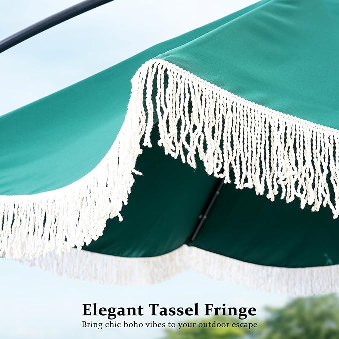 MONDAWE 10FT Cantilever Patio Umbrella with Tassels, 360° Rotation Offset Outdoor Umbrella, Heavy Duty Backyard Shade Umbrella with 180G Fabric for Patio Garden Deck