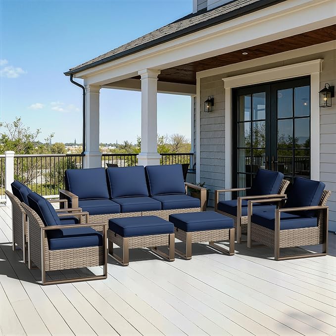 7 Pieces Metal Wicker Patio Furniture Set - 75" Sofa, Four Armchairs and Two Ottomans, All Weather Rattan Outdoor Conversation Furniture with Washable Cushion for Deck Porch, Dark Blue