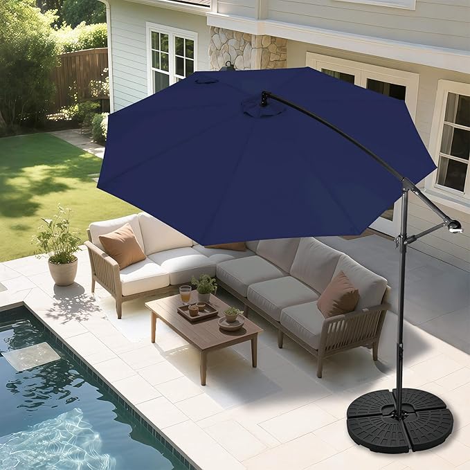 FLAME&SHADE 10ft Cantilever Patio Umbrella Outdoor, Large Offset Umbrella with Crank and Cross Base, UPF 50+ UV Protection Hanging Umbrella for Pool Deck Garden (Navy Blue)