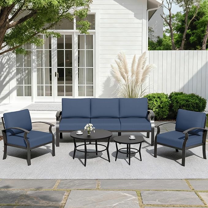 ALAULM Aluminum Patio Furniture Set with Round Coffee Tables, 5-seat Outdoor Sectional Furniture w/5.1" Cushions, Patio Conversation Set for Porch, Backyard, Poolside-Dark Blue