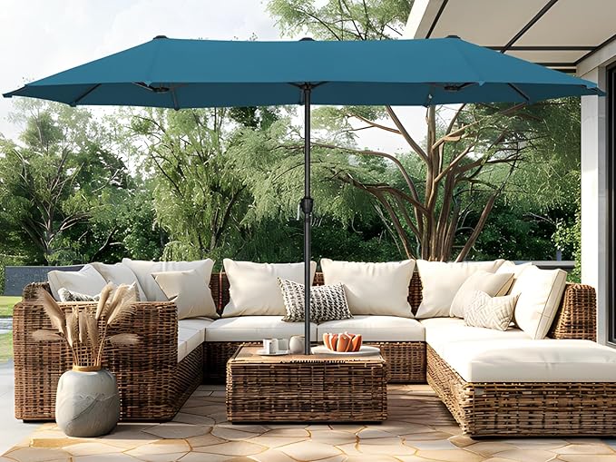 PHI VILLA 13ft Large Patio Umbrellas, Double-Sided Outdoor Market Rectangle Umbrella for Outside, Cyan