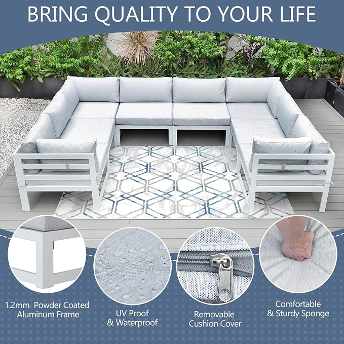 RADIATA 8 Seat Oversized Modern Aluminum Patio Furniture Set, Weather Resistant Modular Sectional Sofa with Coffee Table, 500 lbs Heavy Duty Comfortable Outdoor Couch for Exterior Backyard Deck, White
