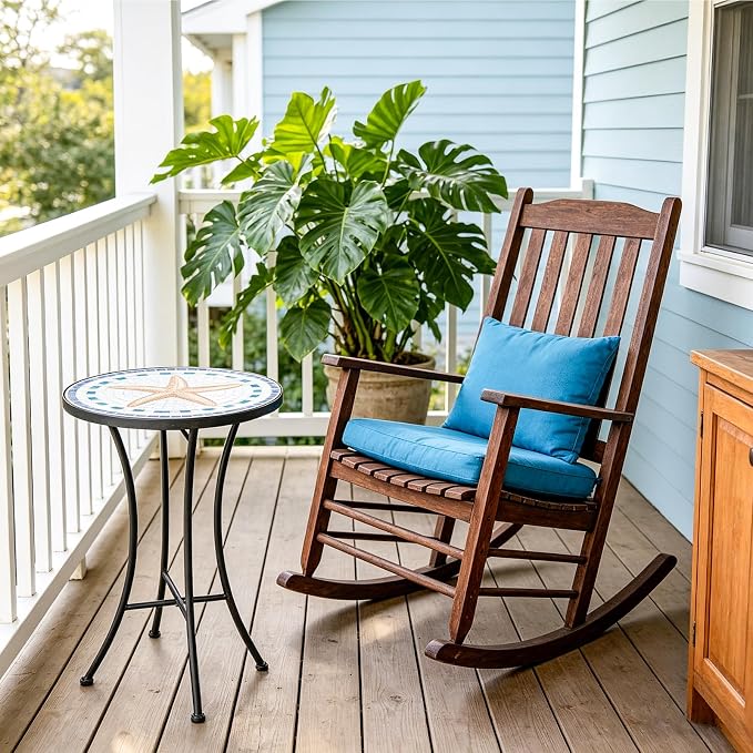 MUMTOP Mosaic Outdoor Side Table, 14" Round Folding Plant Stand for Patio Garden Backyard Balcony Porch Indoor Accent End Table for Living Room, Ceramic Tabletop with Black Iron, Starfish