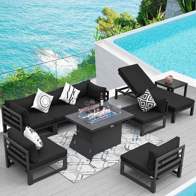 RADIATA 9 Pcs Extra Large Modern Aluminum Outdoor Furniture Set with Lounger & Fire Pit Table, 29 inch Deep Wide Couch Set, 500 lbs Heavy Duty Comfortable Patio Sectional Sofa for Edge of Pool, Black