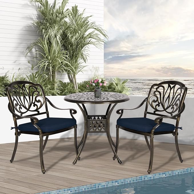 3-Piece Outdoor Patio Dining Set, All-Weather Cast Aluminum Patio Furniture Set for Backyard Garden Deck with 2 Cushioned Chairs and 31” Round Table, 2" Umbrella Hole, Navy Blue