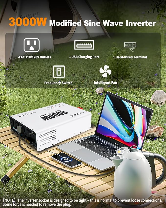 LVYUAN 3000 Watt Power Inverter 12V to 110V 120V DC to AC Converter for Home RV Vehicle Outdoor Camping Car Power Inverter with 4 AC Outlets, LCD Display, USB Charge Port, Remote Control