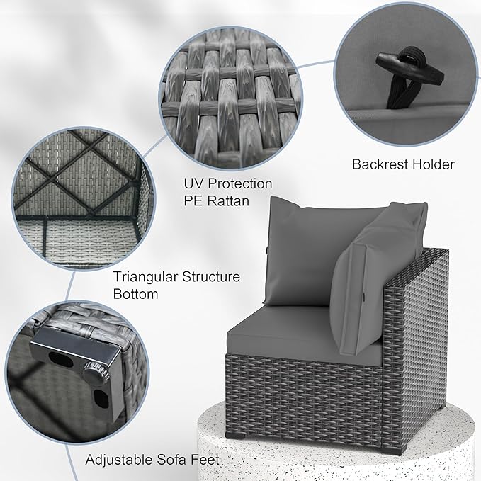 Patio Furniture Set, 7PCS Outdoor Sectional PE Rattan Patio Conversation Set w/Thickened Cushion Modular Wicker Patio Sofa Set w/Coffee Table for Balcony, Backyard(Grey)