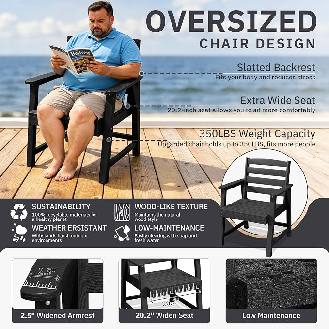 AreShark Patio Dining Chair Set of 2,All Weather HDPE Outdoor Dining Armless Chairs with Wide Seat and Backrest,Weatherproof Patio Chairs for Garden,Backyard,Deck,Black